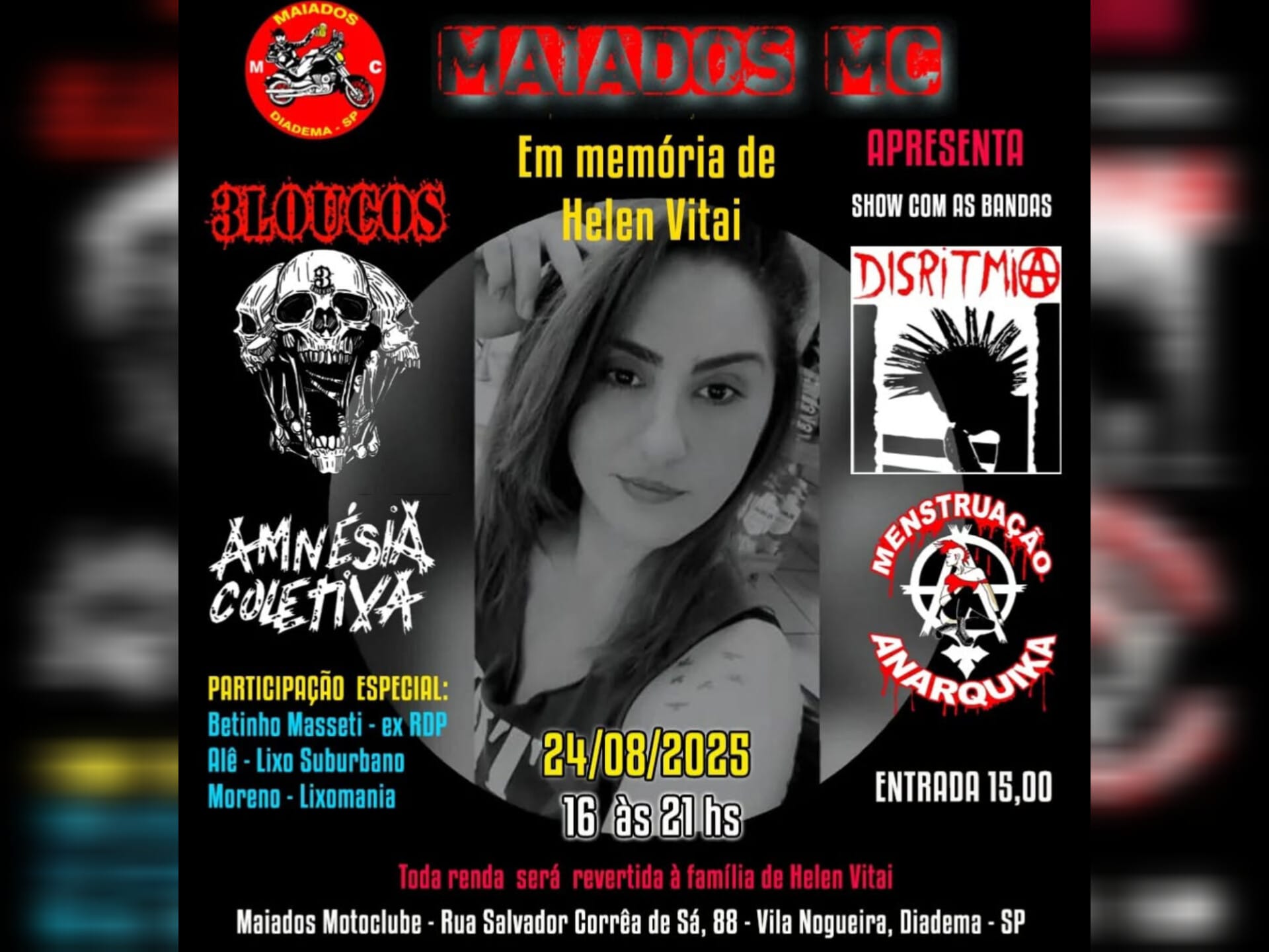 Show Beneficente em Diadema Homenageia Helen Vitai e Arrecada Fundos para a Família