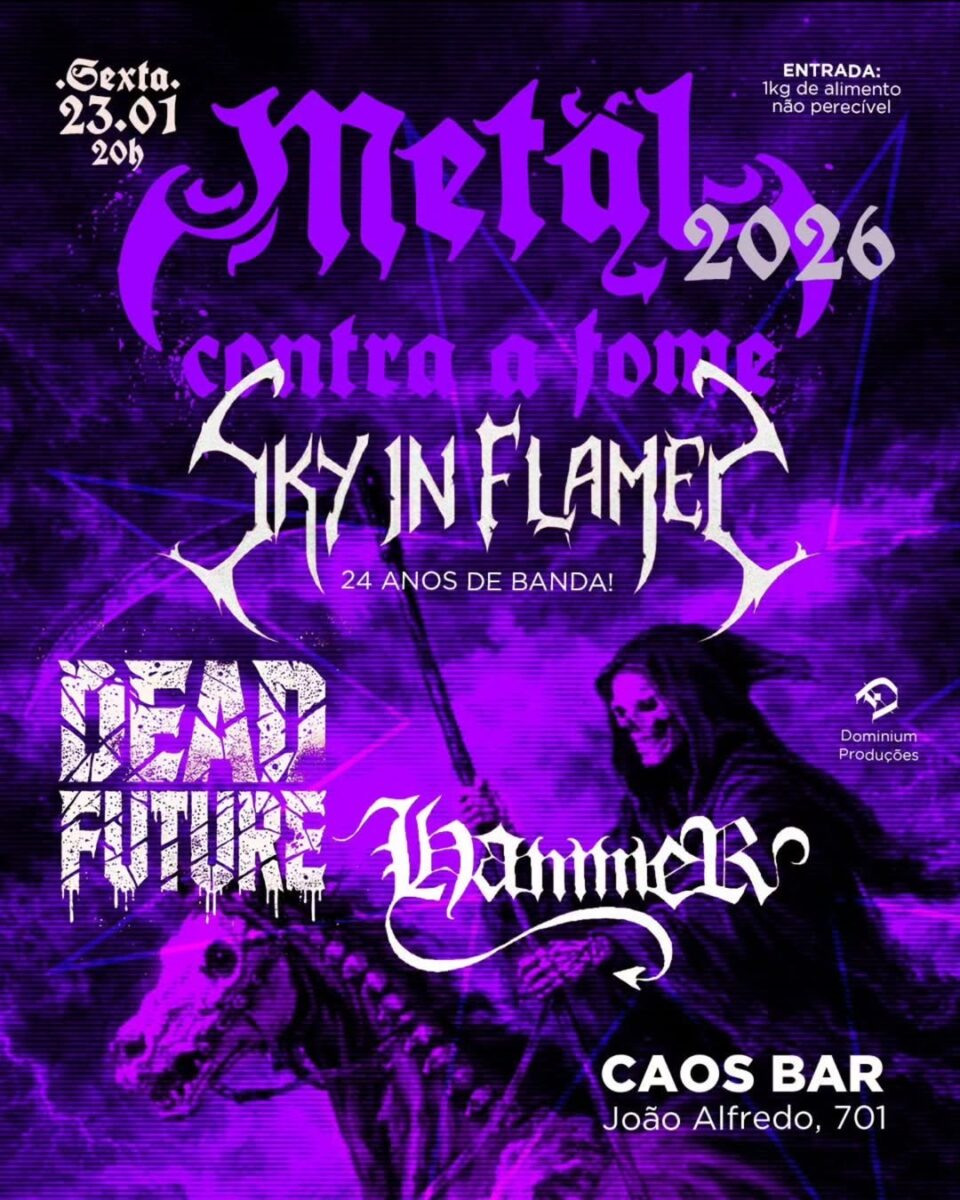 Cartaz do festival Metal Contra Fome 2026 com a banda Sky In Flames em Porto Alegre.