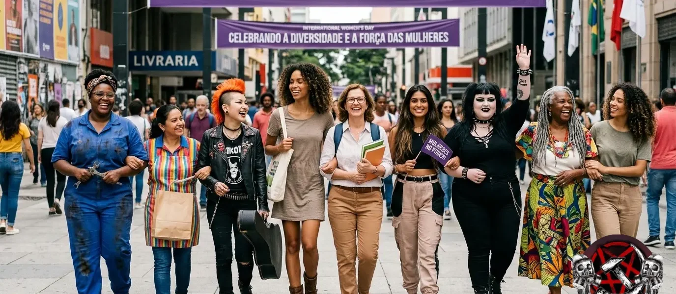 Imagem de destaque do NoiseRed para o 08 de Março, mostrando mulheres diversas em marcha no centro da cidade, com o logo NoiseRed Underground Manifesto no canto inferior direito.